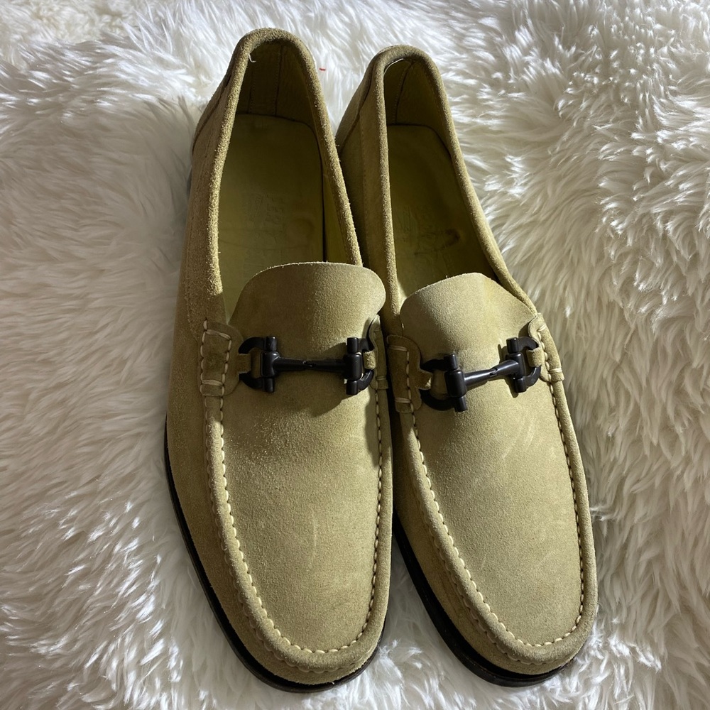 Salvatore Ferragamo Suede Loafers in Light Olive/Tan with Metal Bit